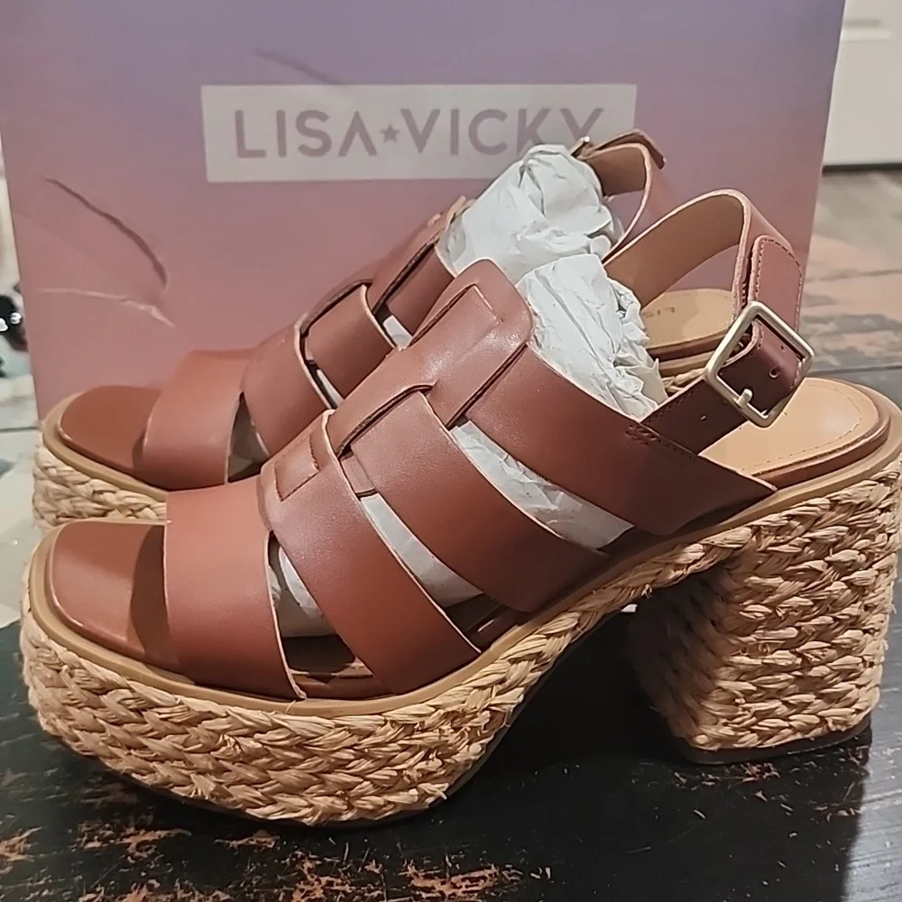Lisa Vicky Nordstrom Shoes Just-V Cognac Leather Strappy Platform Women Size 9.5